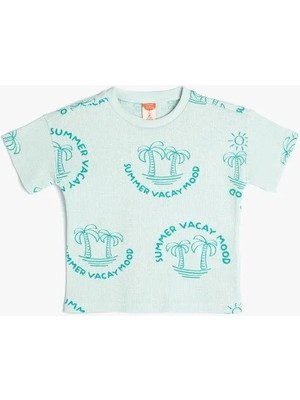 Koton Kısa Kollu Palmiye Baskılı Dokulu Pamuklu T-Shirt Erkek Çocuk için Yeşil Renk