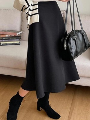 Cng Moda Scuba Kumaş Tesettür Kloş Etek Siyah