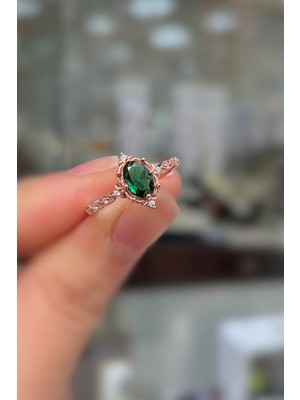 Erer Gümüş 925 Ayar Gümüş Rose Gold Oval Kesim Yeşil Taşlı Vintage Tasarım Kadın Yüzük
