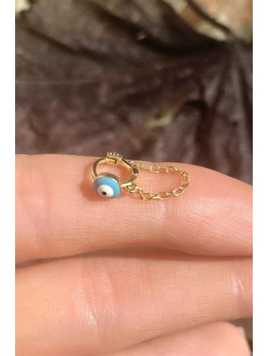 Spossy Silver Jewelry Küçük Boy Mineli Nazar  Göz Zincirli Halka Piercing Küpe