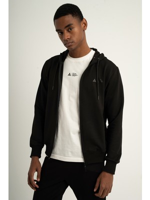Airlife Sports Club Sz 3 Erkek Kapüşonlu Tam Boy Fermuarlı Sweatshirt Siyah