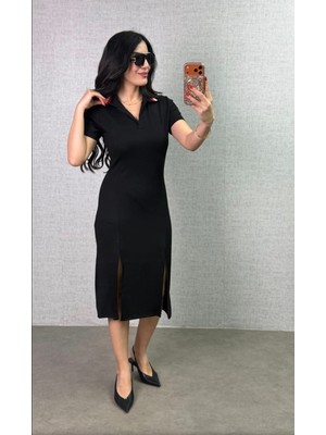 Qimya Butik Şans Life Kadın Polo Yakası Renkli Ribanalı Çift Yırtmaçlı Kısa Kollu Uzun Elbise