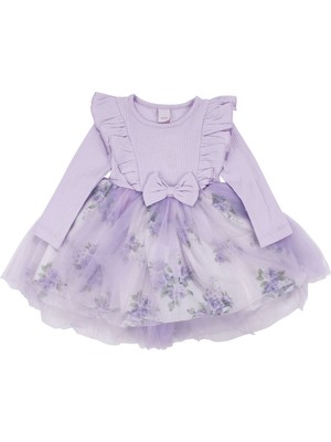 by BebekOdam Kız Çocuk Lila Çiçek Desenli Tüllü Fitilli Fiyonklu Elbise - 1016705