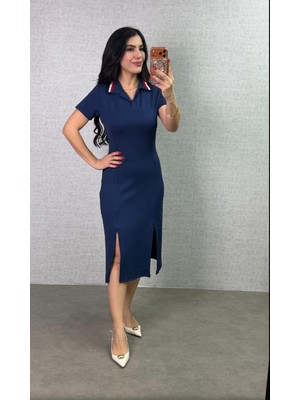 Qimya Butik Şans Life Kadın Polo Yakası Renkli Ribanalı Çift Yırtmaçlı Kısa Kollu Uzun Elbise