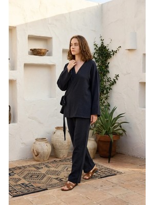 %100 Pamuklu Dokuma Içten Bağlamalı Müslin Kimono-Pantolon Alt Üst Takım