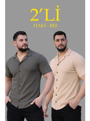 Marsilyan Erkek Waffle Dokuma Açık Yakalı Düğmeli Regular Kalıp 2’li Gömlek Seti - Haki  Bej