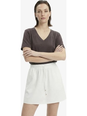 Fabrika V Yaka Düz Kahve Kadın T-Shirt F6SL-TST0175