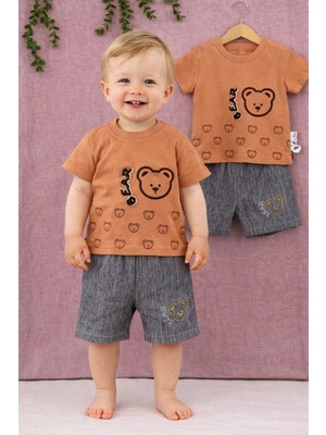 Tuem Baby Erkek Bebek Ayıcık Baskılı 2'li Takım-Yazlık Bebek Takımı Tişört Şort Kombin(Beden Ölçüleri Açıklamada)