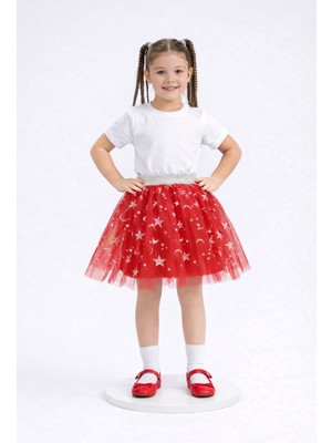 Sibel Günay Butik Kız Çocuk Kırmızı Ay Yıldız Desenli Tül Tütü Etek - 23 Nisan, 19 Mayıs, 29 Ekim Gösteri Eteği