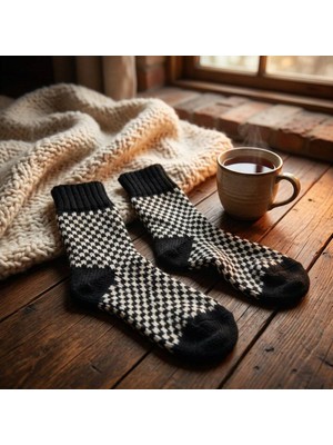 Robotel El Örmesi Siyah-Beyaz Karadeniz Motifli Yün Tuşeli Çorap