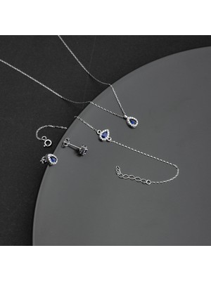 Miavi Silver Miavi 925 Ayar Gümüş Safir Damla Model Kolye Küpe Bileklik Takı Seti Beyaz Zirkon Taşlı
