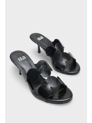 LOJO Kadın Oval Burun Bantlı Günlük Topuklu Terlik Loara Siyah
