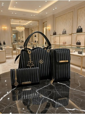 3'lü Kombin Omuz ve Kol Çantası, Kartlık ve Telefonluk Günlük Çanta Siyah