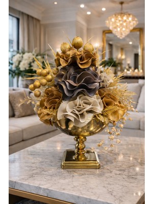 Dekoratif Gold Ayaklı Metal Vazo Yapay Çiçek Aranjmanı – Krem/şampanya Ton Dekoratif Salon & Konsol