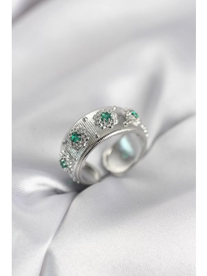 Marsilyan Yeşil Zirkon Taşlı Gümüş Renk Vintage Kadın Yüzük - TJ-BYK4083