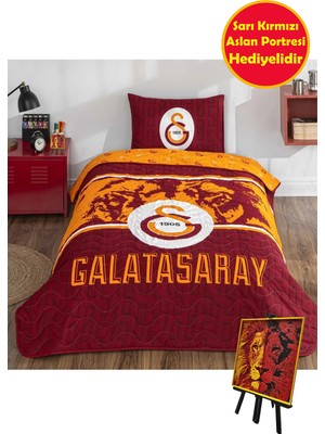 Taç Lisanslı Galatasaray Şanlı Aslan Tek Kişilik Yatak Örtüsü Seti Mini 3D Portre Hediyeli