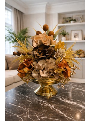 Dekoratif Gold Zamak Kollu Kase Vazo Yapay Çiçek Aranjmanı – Toprak Ton Lüks Salon & Konsol Dekoru