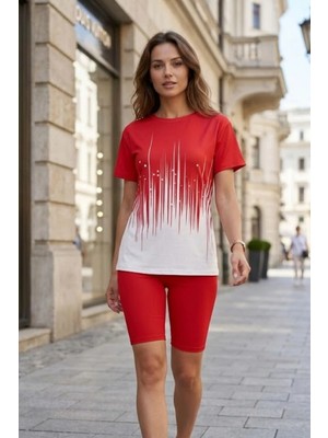 Mossta Modern Desenli Rahat Kesim Ikili Takım - Kırmızı