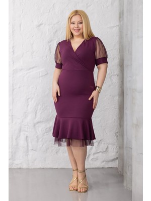 Madwilo Kadın Mor Kruvaze Kol ve Etek Ucu Tül Detay Esnek Büyük Beden Elbise