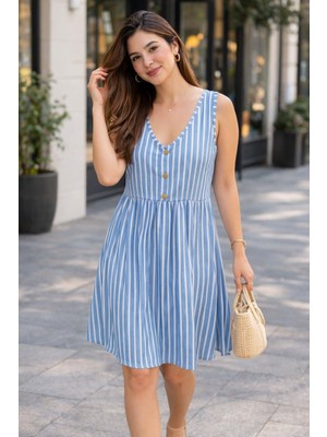 Mossta Çizgi Desenli V Yaka Düğmeli Yazlık Süprem  Elbise - Mavi