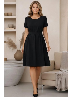 Mossta Sırt Düğme Detaylı Kısa Kollu Midi Viskon Elbise - Siyah