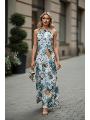 Mossta Askılı Sırt Bağlama Detaylı Desenli Uzun Süprem Elbise - Yeşil