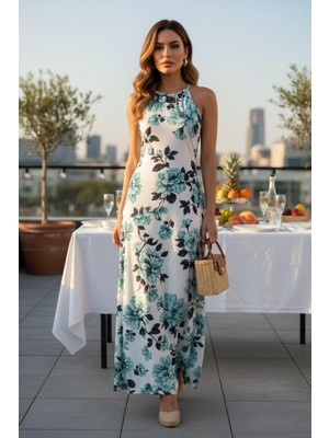 Mossta Halter Yaka Çiçek Desenli Süprem Elbise - Yeşil