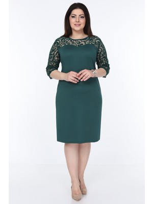 Modayız Yeşil Floklu Büyük Beden Elbise Bodycon Klasik Stil Truvakar Kol