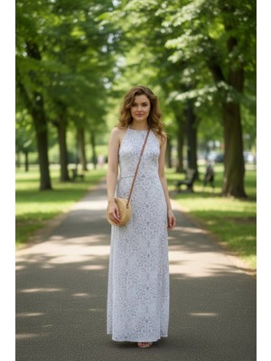 Mossta Desenli Halter Yaka Günlük Maxi Süprem Elbise - Mor