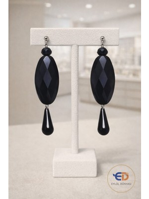 Eylül Dünyası El Yapımı-Siyah-Kristal Boncuklu Taş Küpe (9,5 Cm)