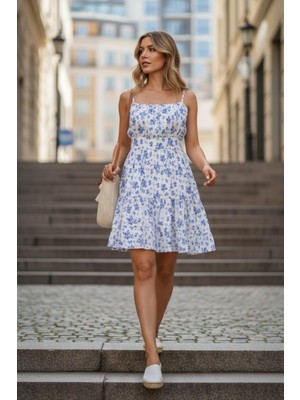 Mossta Çiçek Desenli Askılı Fırfır Detaylı Süprem Elbise - Mavi