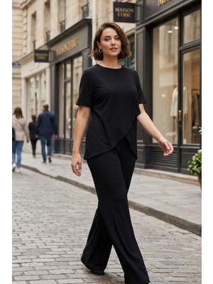 Mossta Minimal Stil Bürümcük Bluz Pantolon Takım - Siyah