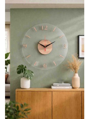 Ergeç Tasarım 40 cm Şeffaf Pleksi Duvar Saati – Ahşap Detaylı Modern Dekoratif Salon Saati