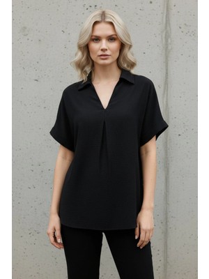 Mossta Kısa Kollu Dokuma Viskon Bluz - Siyah