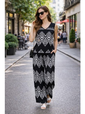 Mossta Etnik Desenli Rahat Kesim Süprem  Ikili Takım - Siyah