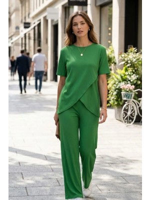 Mossta Minimal Stil Bürümcük Bluz Pantolon Takım - Yeşil