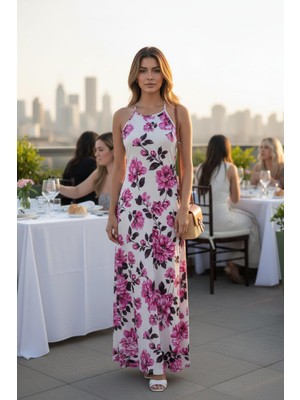 Mossta Halter Yaka Çiçek Desenli Süprem Elbise - Pembe