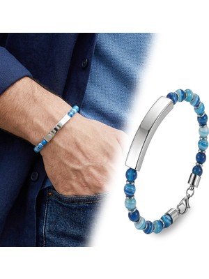 Fm 💎 Premium Mavi Akik Beyaz İsim Yazılabilir Çelik Zincir Bileklik 31832B29D14  -  23 cm