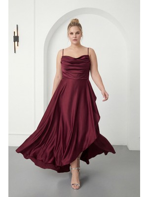 Lafaba Kadın Bordo Volanlı Yırtmaçlı Büyük Beden Saten Abiye Mezuniyet Elbisesi