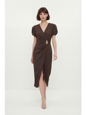 Lafaba Kadın Kahverengi Kruvaze Yaka Kısa Kollu Midi Davet Elbisesi