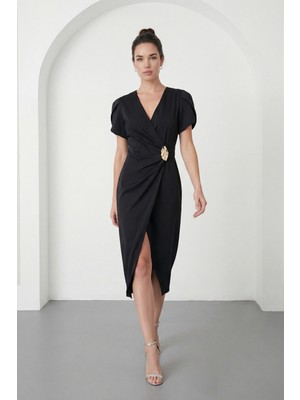Lafaba Kadın Siyah Kruvaze Yaka Kısa Kollu Midi Davet Elbisesi