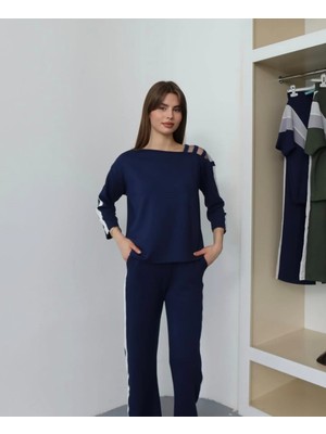 Qimya Butik Şans Life Kadın Omzu Şerit ve Organze Detaylı Bluz Pantolon Alt Üst Ikili Takım