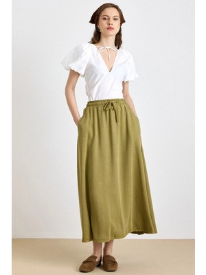 Olcay Beli Lastikli Soft Denim Etek Yağ Yeşili 7068