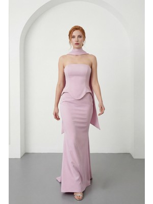 Lafaba Kadın Pudra Dar Kalıp Şal Yaka Uzun Balık Abiye Elbise