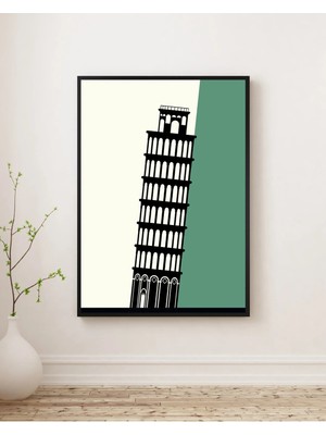 Rosaart Pisa Kulesi Slüeti Ahşap Çerçeveli Tablo, Modern Minimal Dekor Poster - World Icons Tasarım