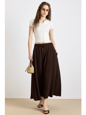Olcay Beli Lastikli Soft Denim Etek Kahve 7068