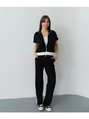 Qimya Butik ŞANS LİFE Kadın Ribana Detaylı Kısa Kol Taş Detaylı Sweat Şerit Detaylı Pantolonlu Alt Üst İKİLİ TAKIM