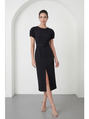 Lafaba Kadın Siyah Bisiklet Yaka Kemerli Midi Davet Elbisesi