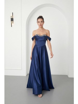 Lafaba Kadın Lacivert Kayık Yaka Taşlı Uzun Söz Nişan Nikah Abiye Elbise
