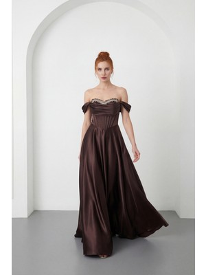 Lafaba Kadın Kahverengi Kayık Yaka Taşlı Uzun Söz Nişan Nikah Abiye Elbise